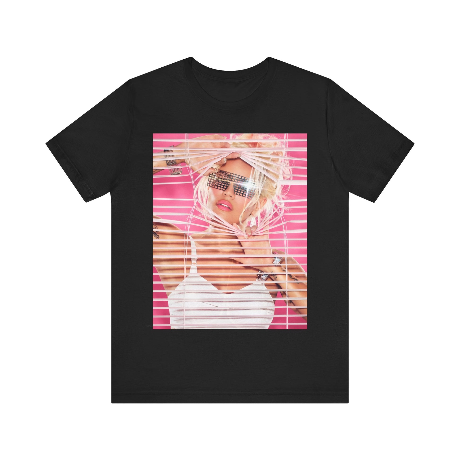 A black graphic t-shirt featuring a graphic of Karol G in a cool Latin trap style.