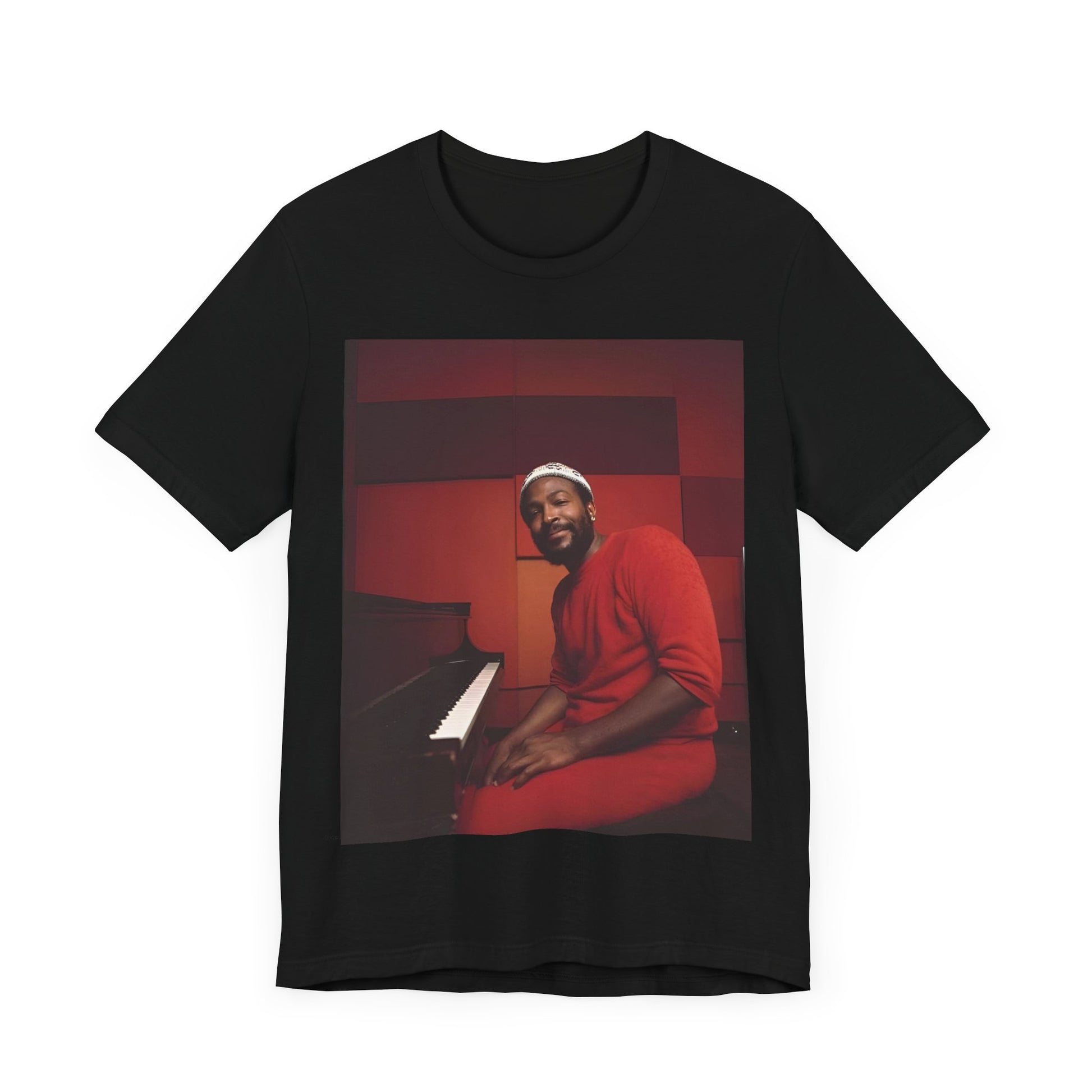 A black graphic t-shirt featuring a retro photo of Marvin Gaye playing the piano.