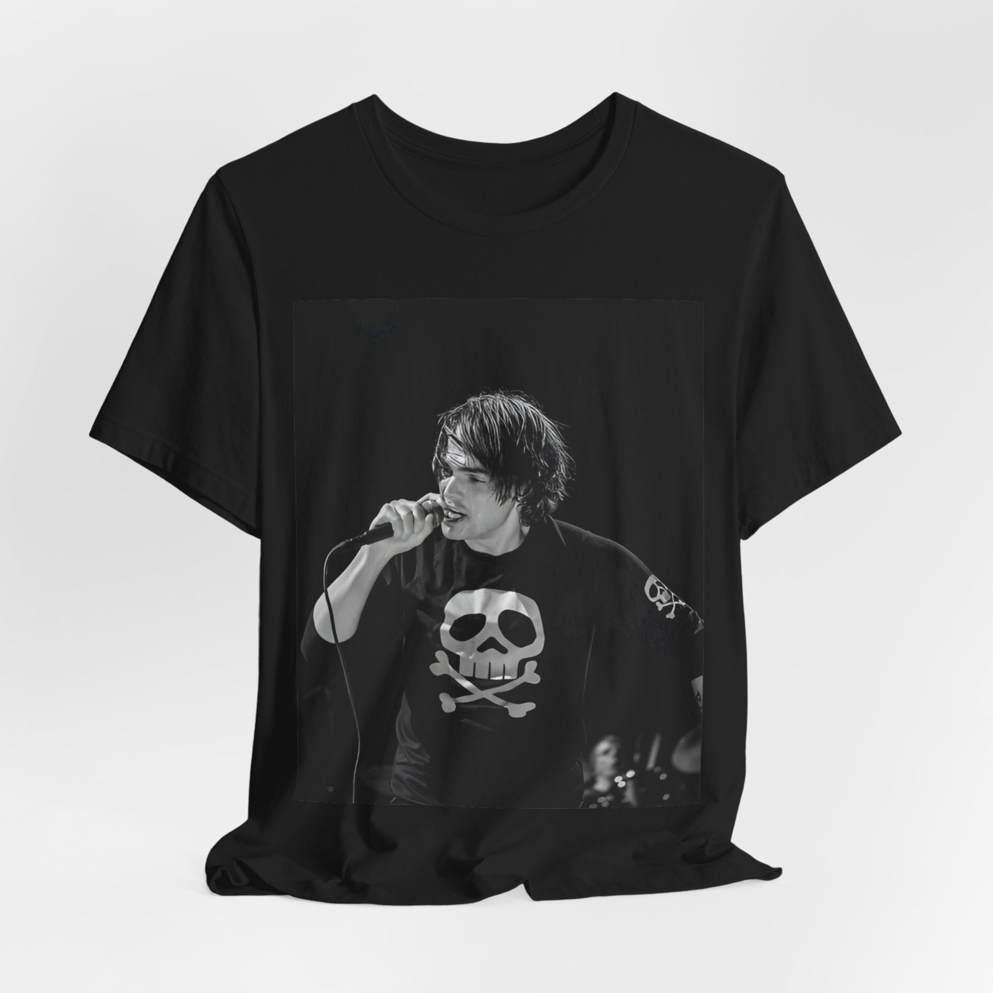 A black graphic t-shirt featuring a black and white portrait photo of Gerard Way from My Chemical Romance.