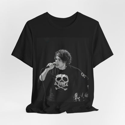 A black graphic t-shirt featuring a black and white portrait photo of Gerard Way from My Chemical Romance.