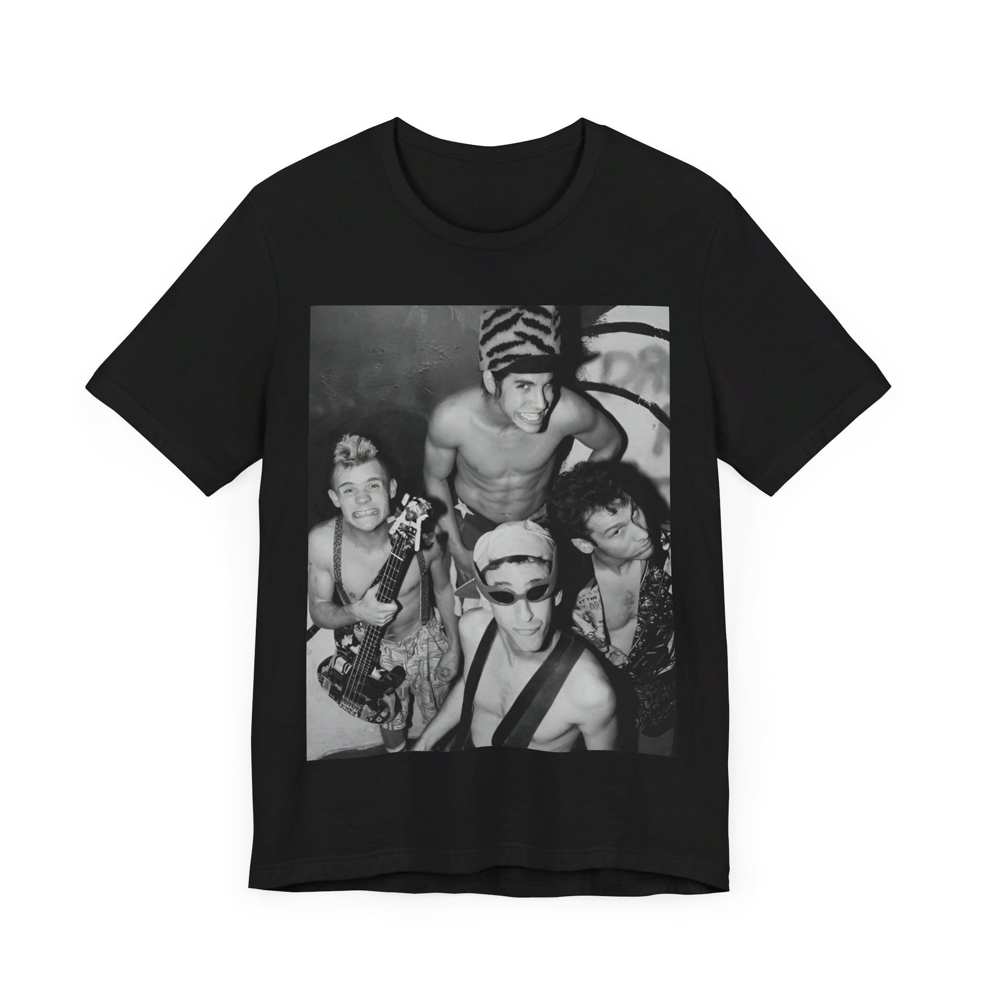 A black graphic t-shirt featuring an 80s vintage funk rock graphic of Red Hot Chili Peppers.