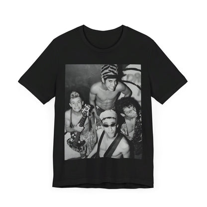 A black graphic t-shirt featuring an 80s vintage funk rock graphic of Red Hot Chili Peppers.