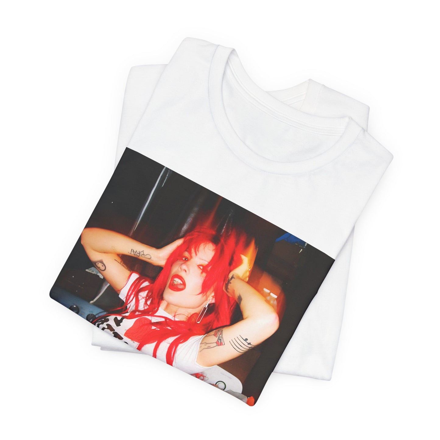 A black graphic t-shirt featuring a vintage alt pop aesthetic graphic of Halsey.