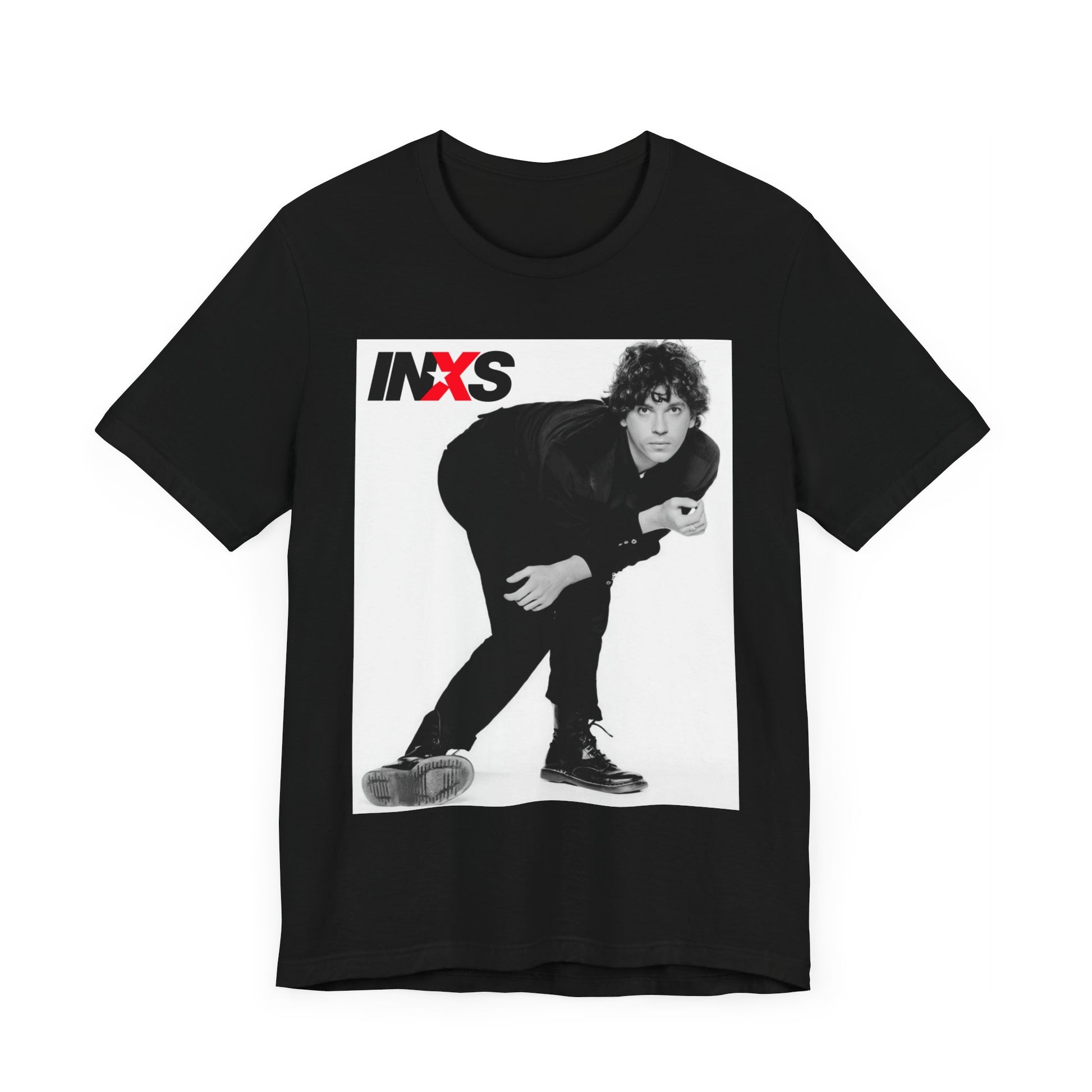 A black graphic t-shirt featuring a vintage rock superstar graphic of INXS.