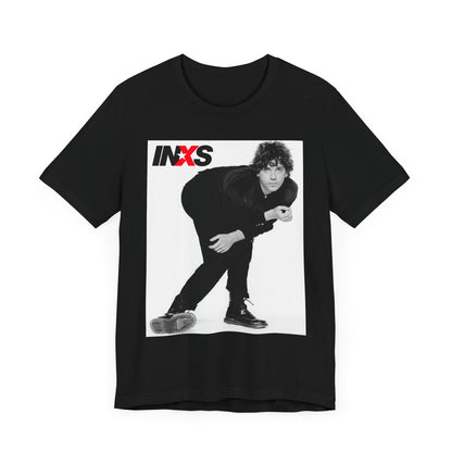 A black graphic t-shirt featuring a vintage rock superstar graphic of INXS.