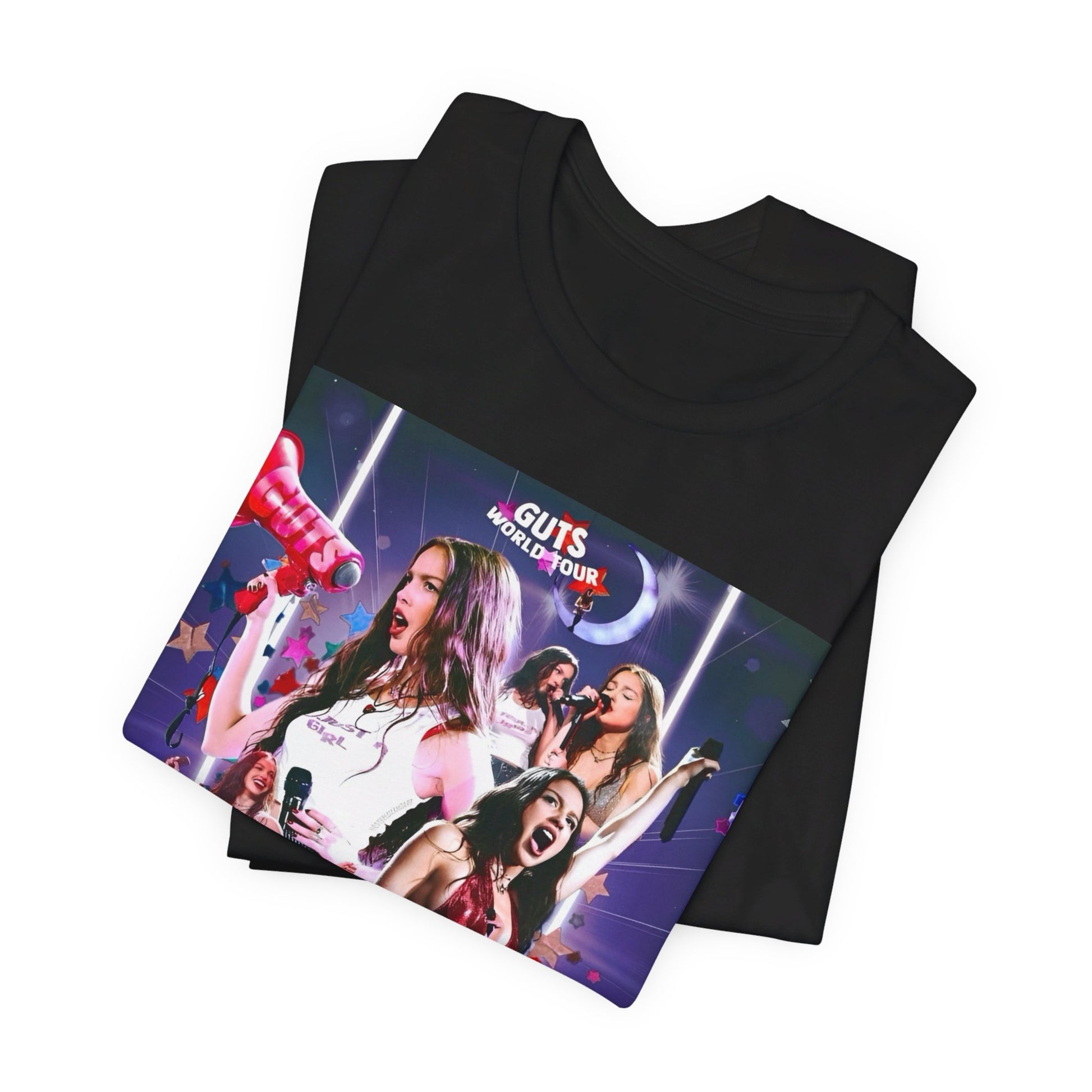 A black graphic t-shirt featuring a bootleg graphic of Olivia Rodrigo.