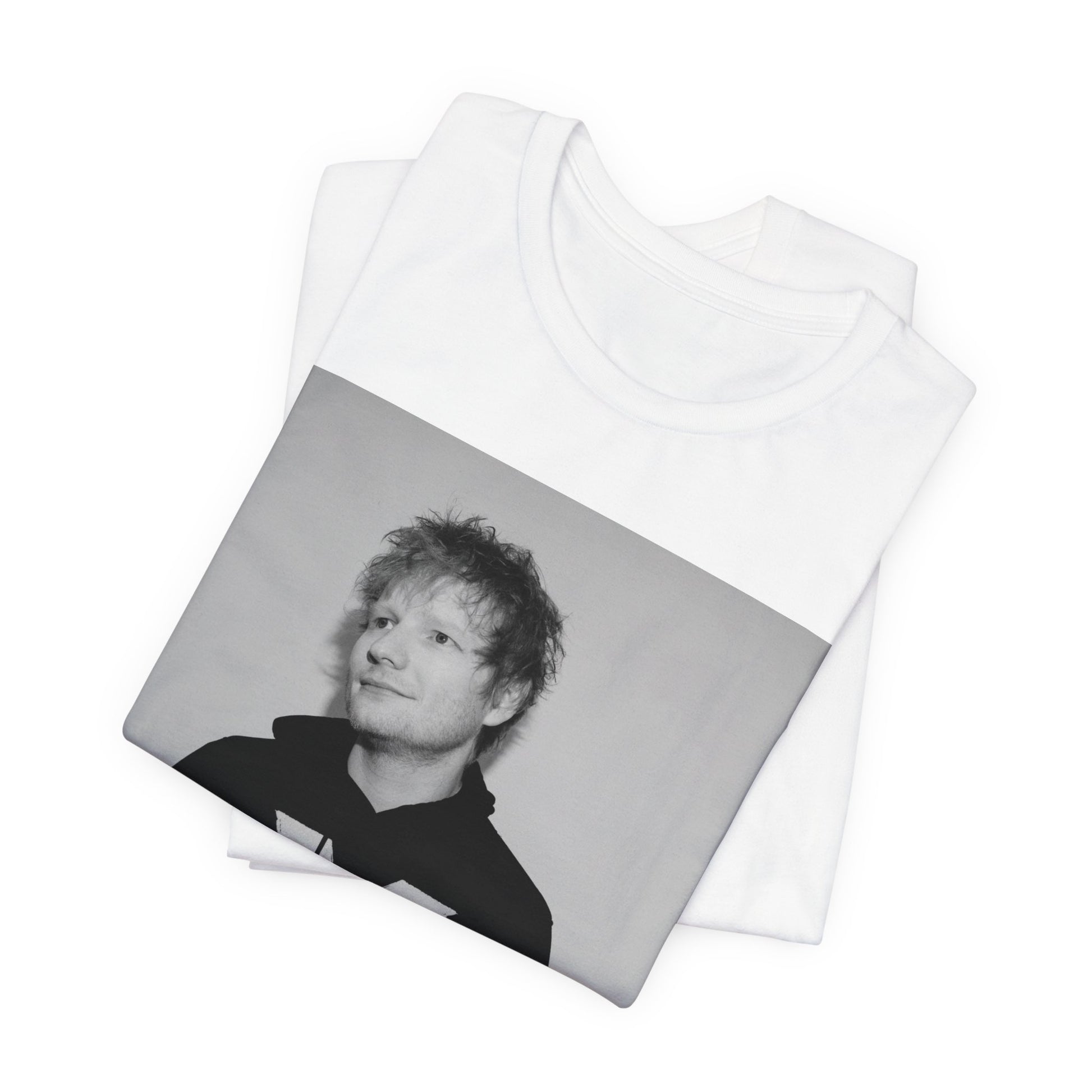 A black graphic t-shirt featuring a black and white graphic related to Ed Sheeran's album 'X'.