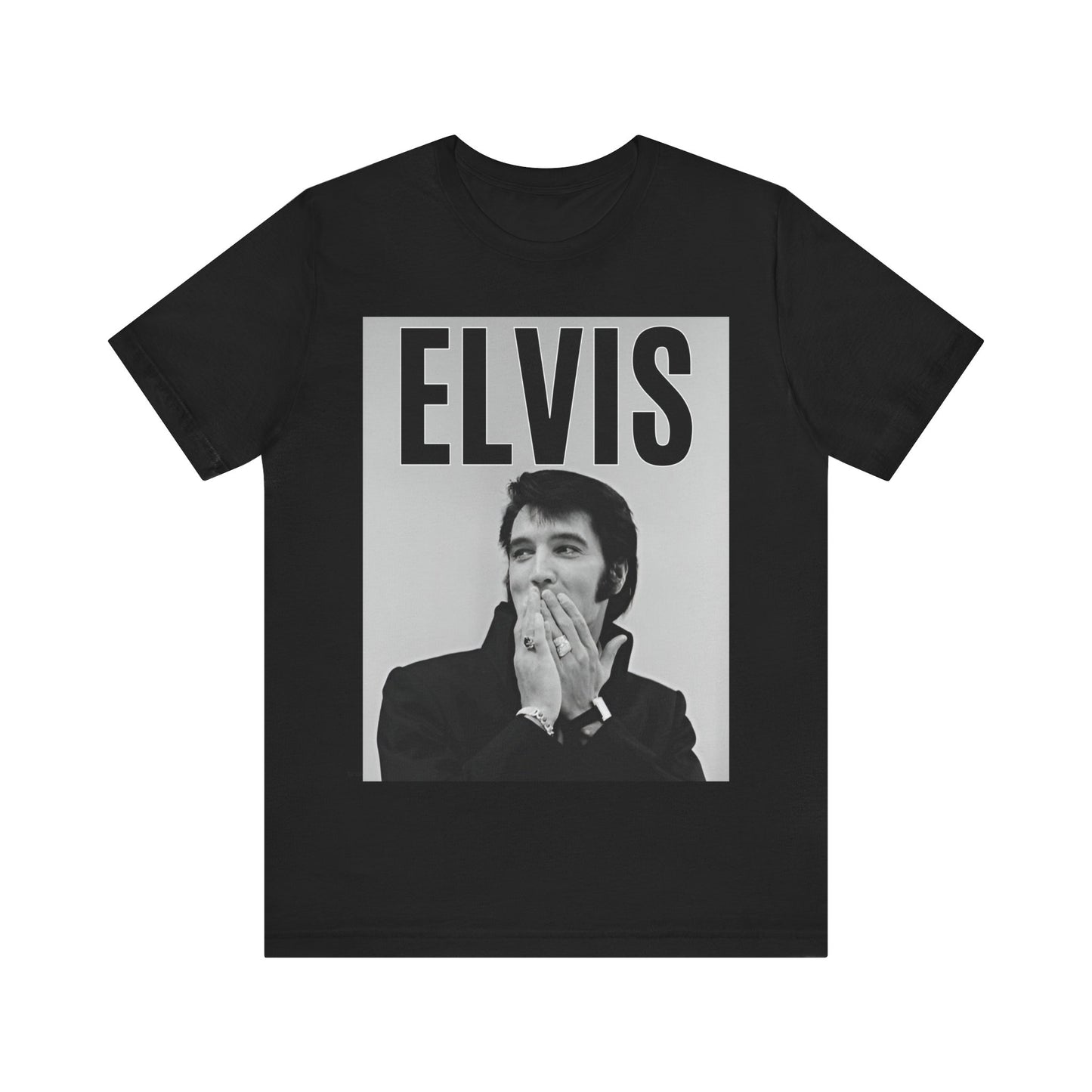 A black graphic t-shirt featuring a retro graphic of Elvis Presley as a 'Rebel With A Cause.'