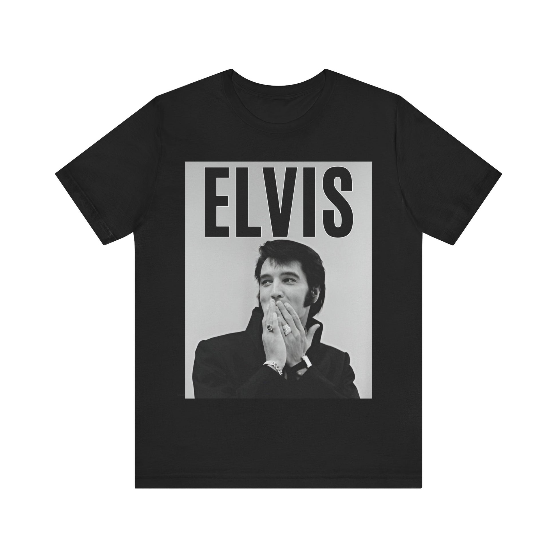 A black graphic t-shirt featuring a retro graphic of Elvis Presley as a 'Rebel With A Cause.'