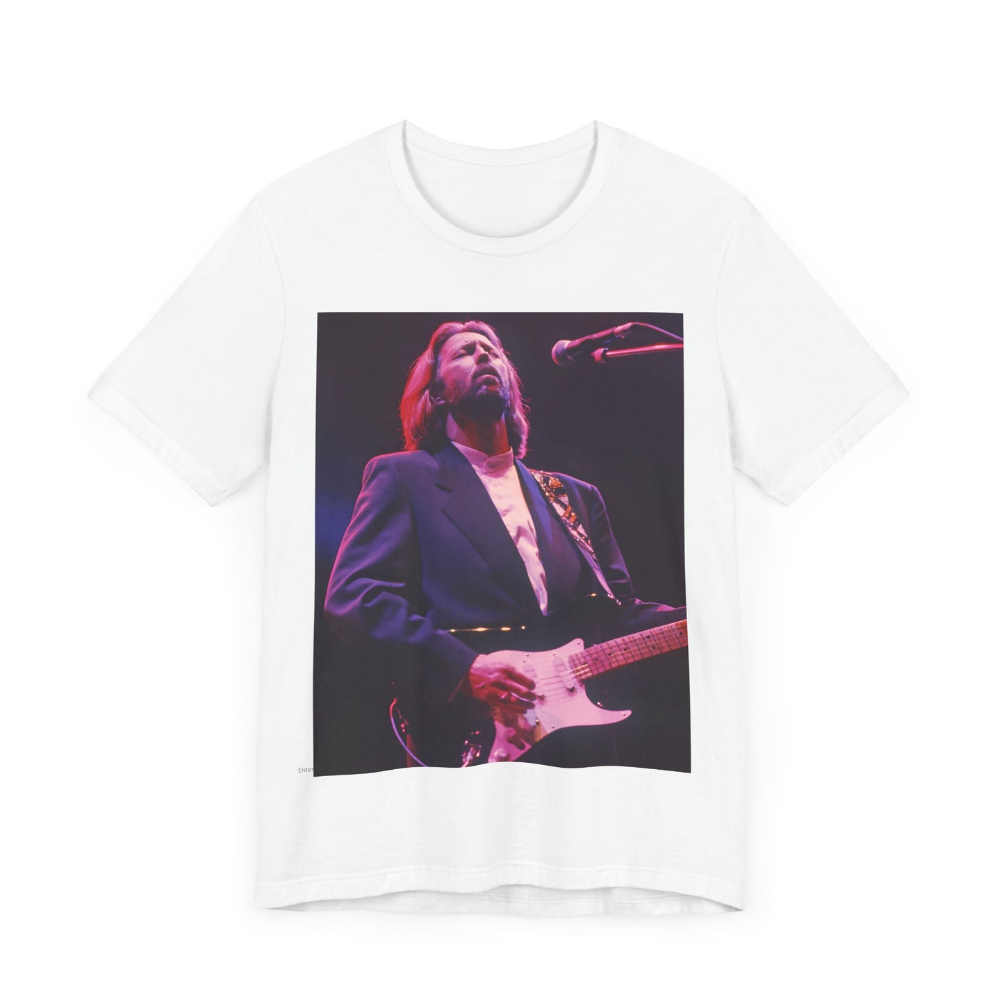 A black graphic t-shirt featuring a vintage graphic of Eric Clapton as a blues rock icon.