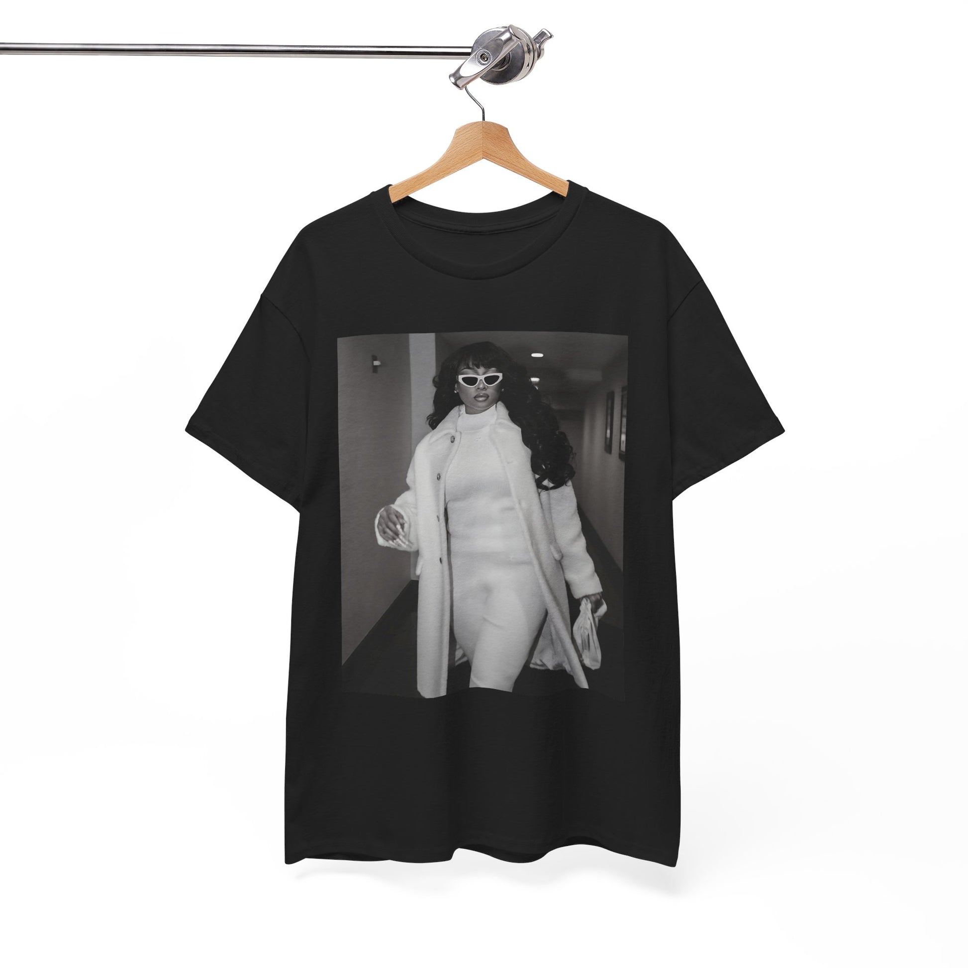 A black graphic t-shirt featuring a black and white portrait photo of Megan Thee Stallion.