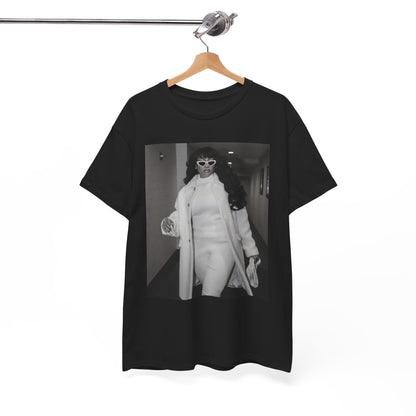 A black graphic t-shirt featuring a black and white portrait photo of Megan Thee Stallion.