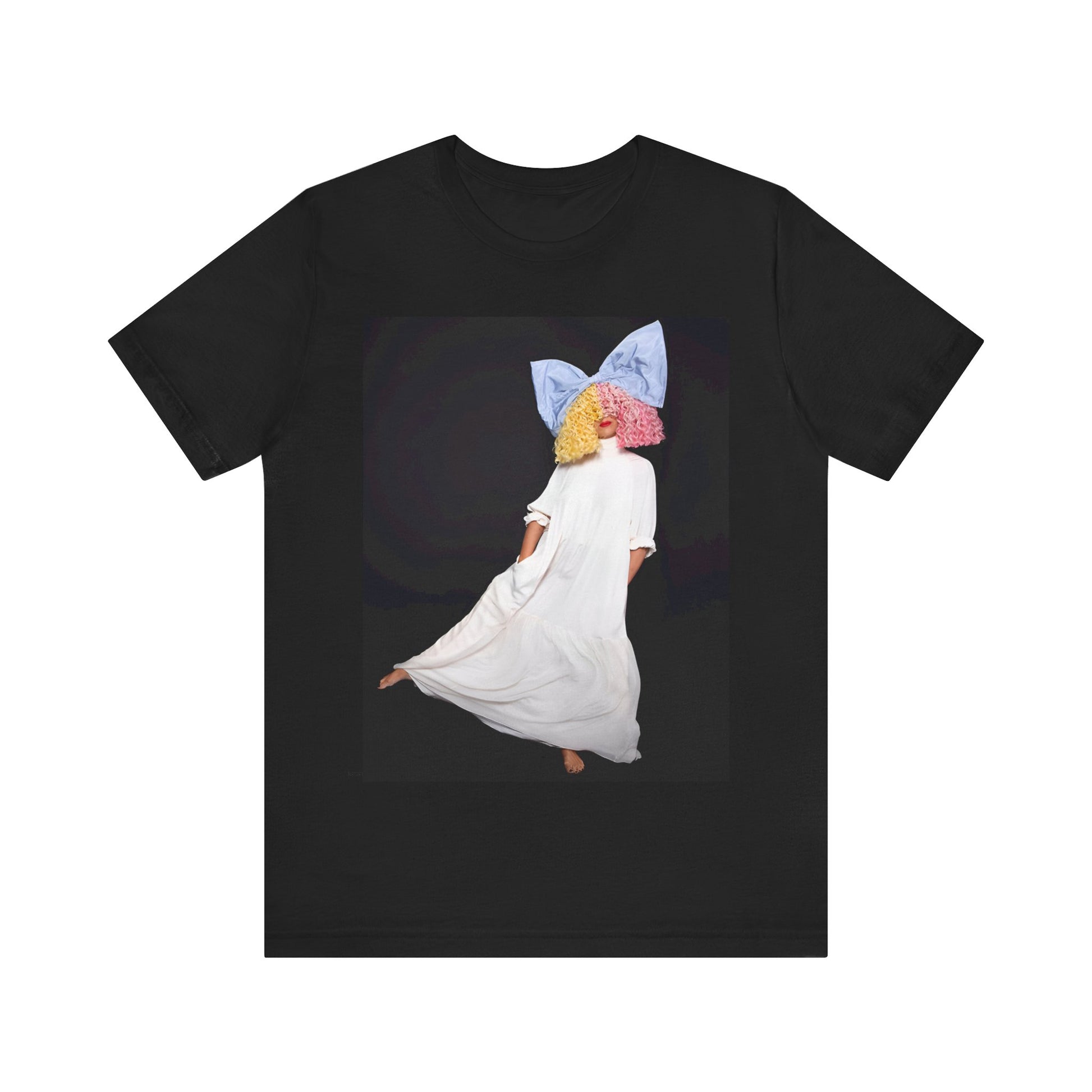 A black graphic t-shirt featuring a vintage pop icon graphic of Sia.