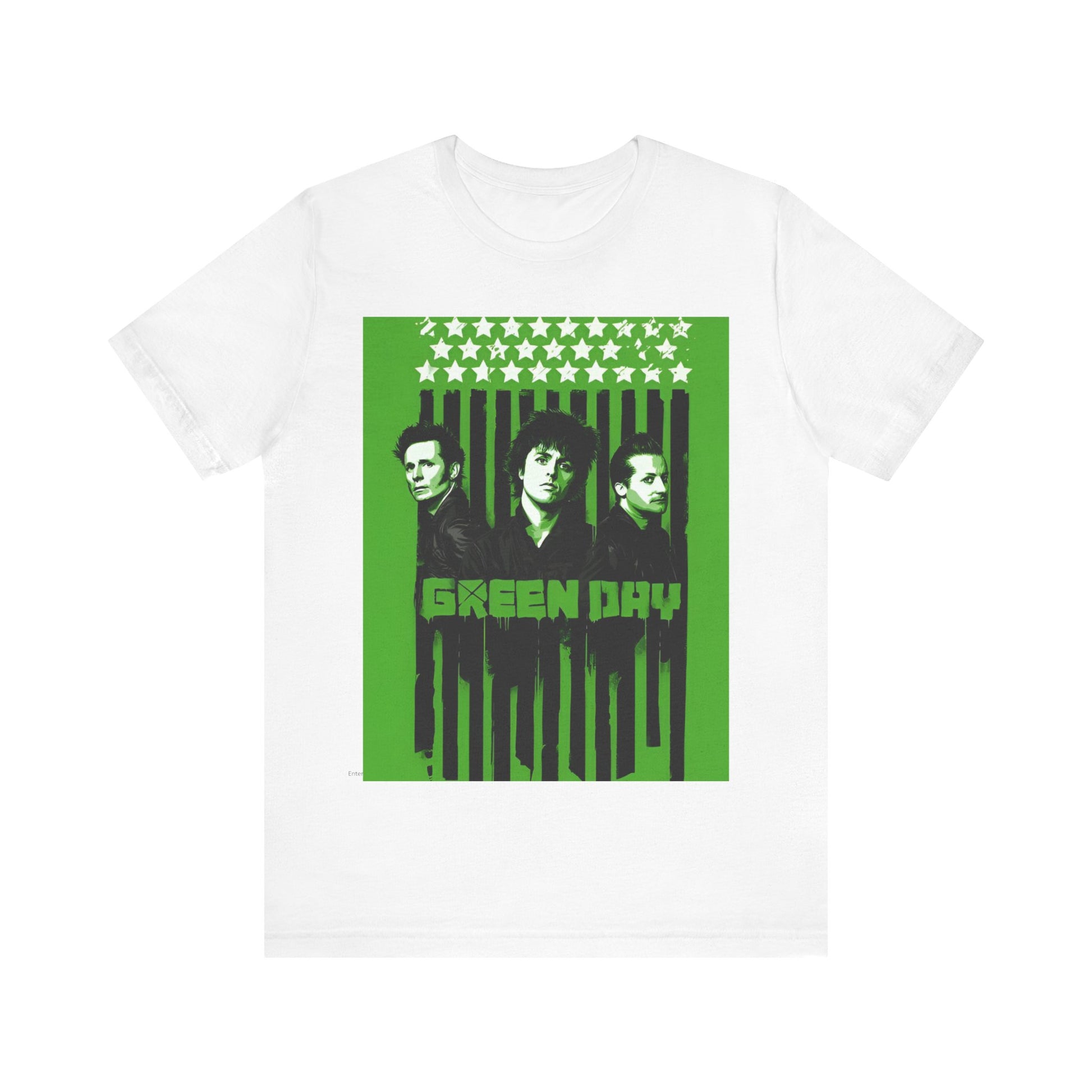 A black graphic t-shirt featuring a retro graphic of Green Day related to their 'American Idiot' album.