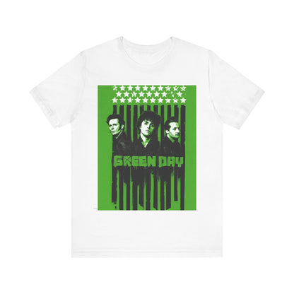 A black graphic t-shirt featuring a retro graphic of Green Day related to their 'American Idiot' album.
