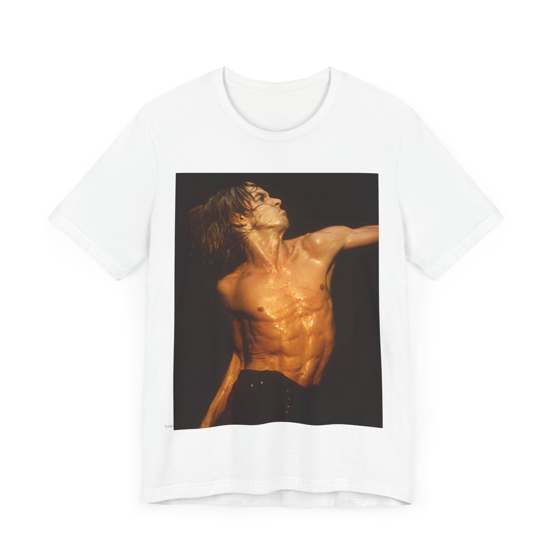 A black graphic t-shirt featuring an iconic photo of Iggy Pop performing live on stage.