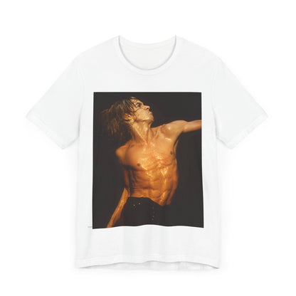 A black graphic t-shirt featuring an iconic photo of Iggy Pop performing live on stage.