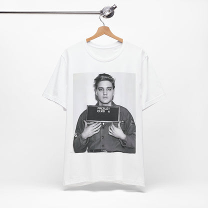 A black graphic t-shirt featuring a retro mugshot photo of Elvis Presley.