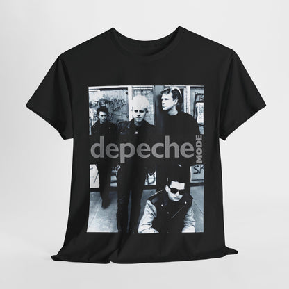 A black graphic t-shirt featuring a black and white photo portrait of the band Depeche Mode.