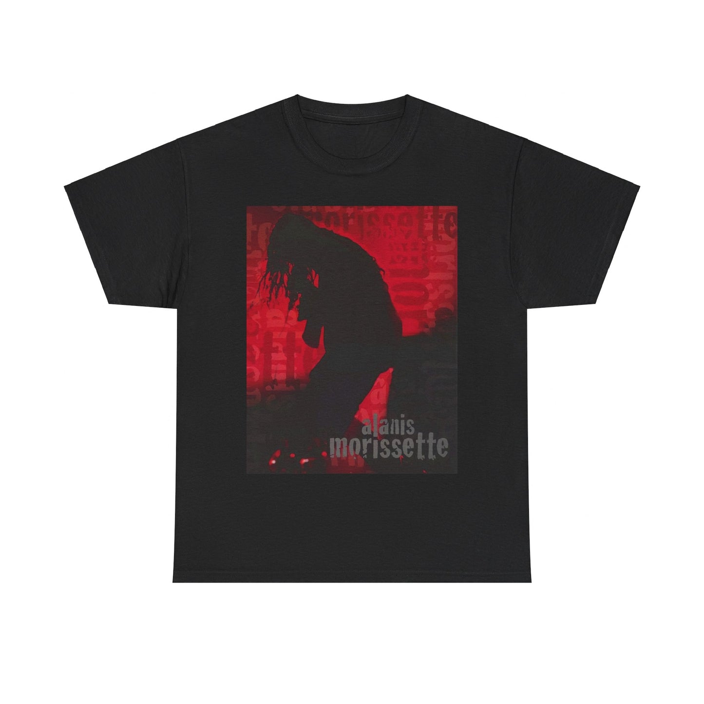 A black graphic t-shirt featuring a promotional graphic for an Alanis Morissette tour from the 2000s, possibly with stylized text and band imagery.