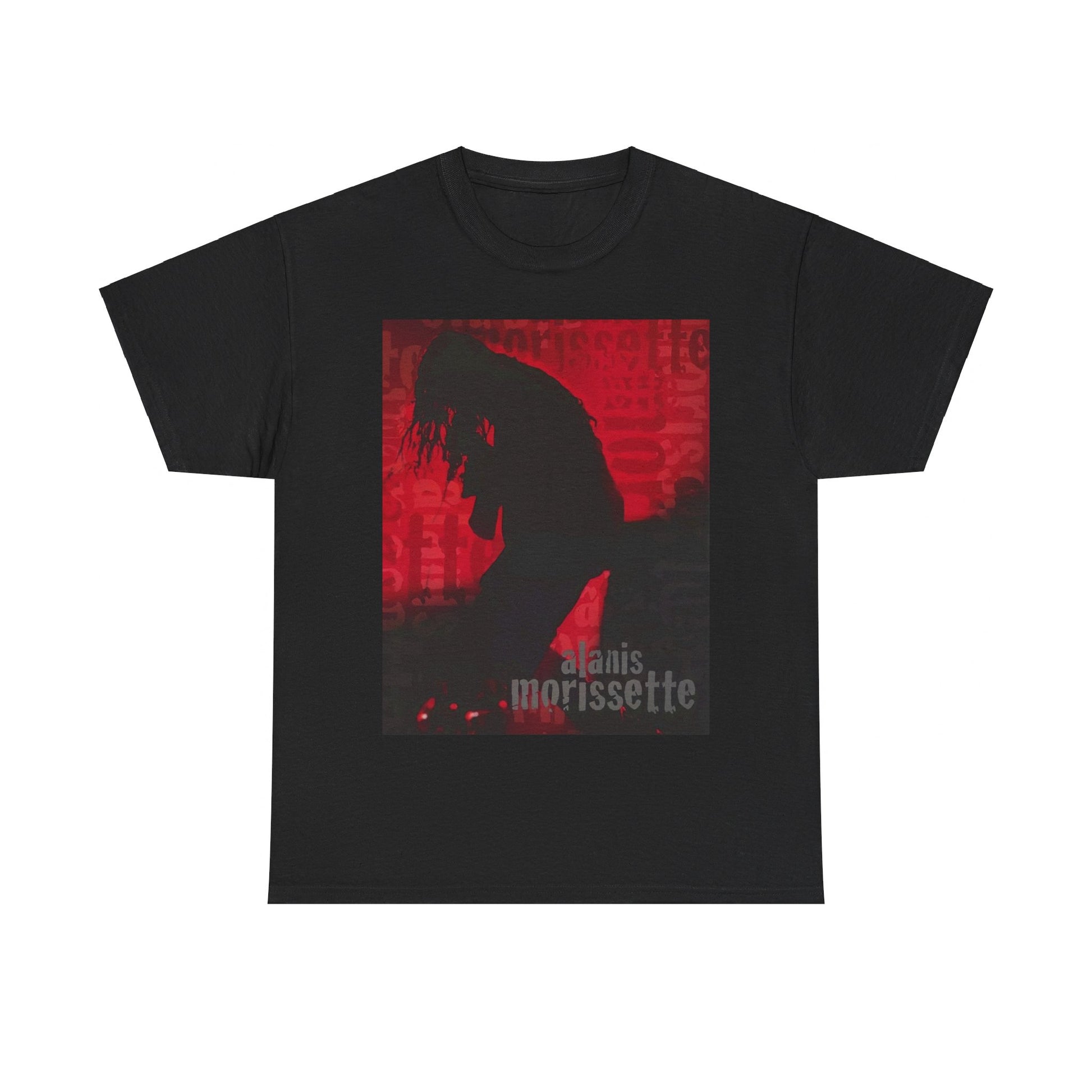 A black graphic t-shirt featuring a promotional graphic for an Alanis Morissette tour from the 2000s, possibly with stylized text and band imagery.