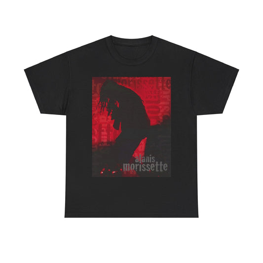 A black graphic t-shirt featuring a promotional graphic for an Alanis Morissette tour from the 2000s, possibly with stylized text and band imagery.