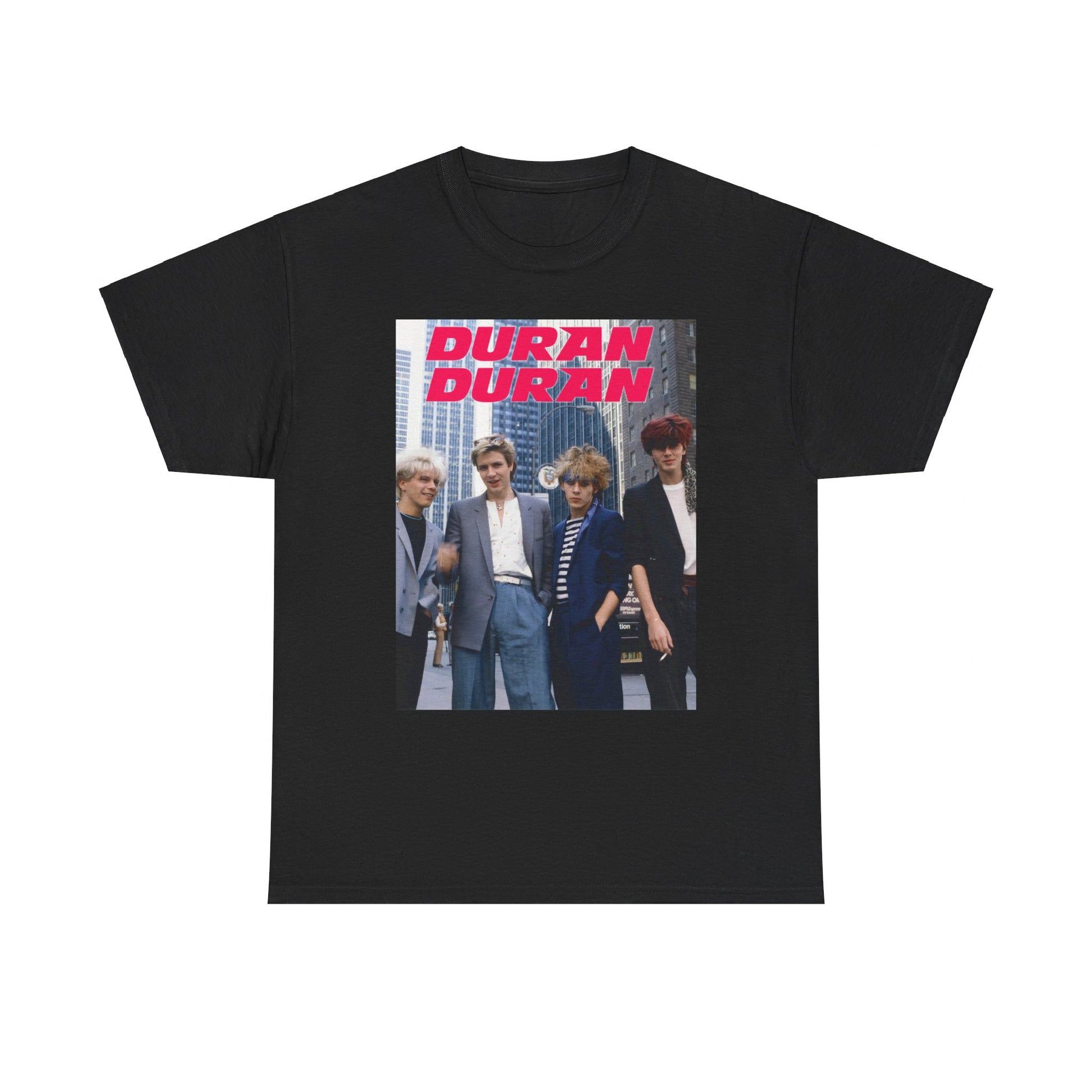 A black graphic t-shirt featuring a vintage 80s new romantic graphic of Duran Duran.