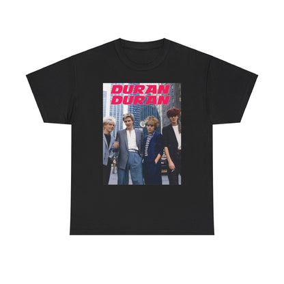 A black graphic t-shirt featuring a vintage 80s new romantic graphic of Duran Duran.