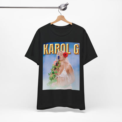 A black graphic t-shirt featuring a graphic of Karol G as a classic Latin pop queen.