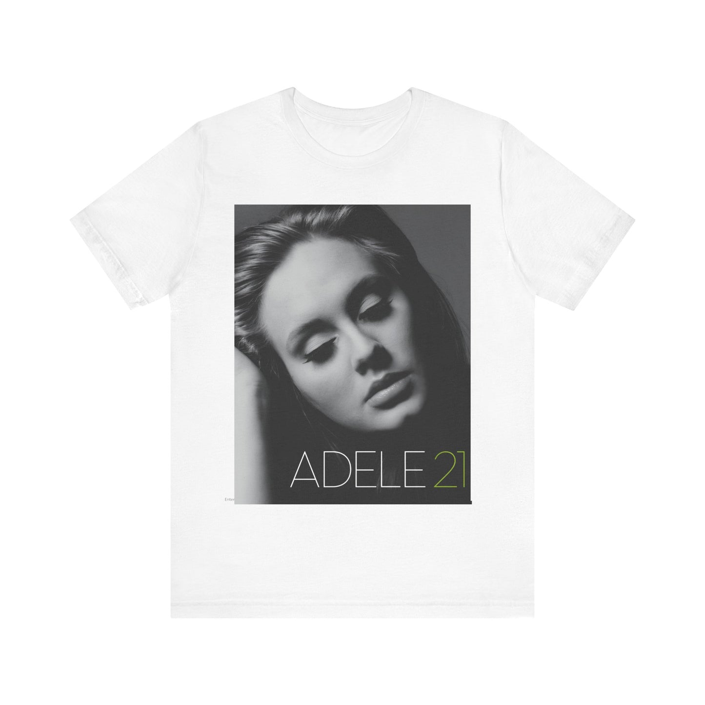 A black graphic t-shirt featuring the album cover art for Adele's '21' album, showing a close-up portrait of her with a contemplative expression.