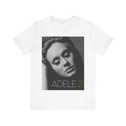 A black graphic t-shirt featuring the album cover art for Adele's '21' album, showing a close-up portrait of her with a contemplative expression.