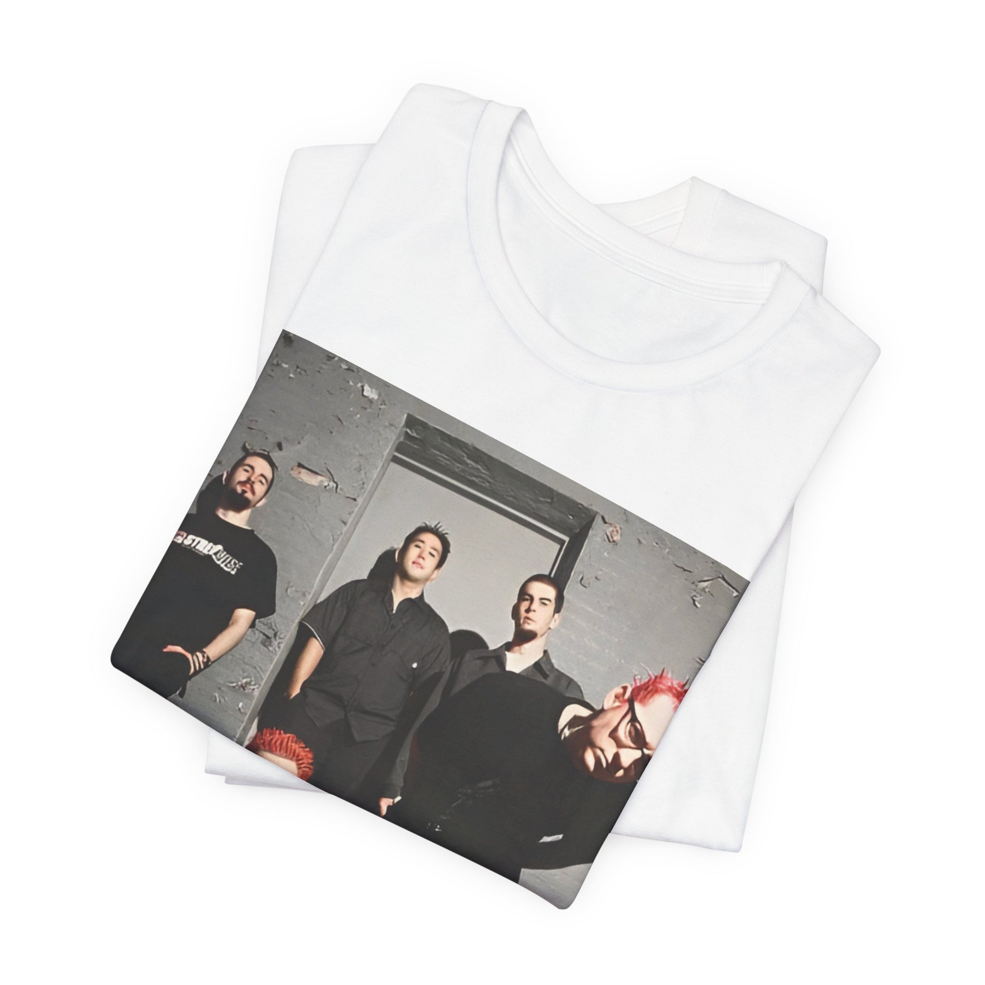A black graphic t-shirt featuring a retro alt rock band graphic of Linkin Park.
