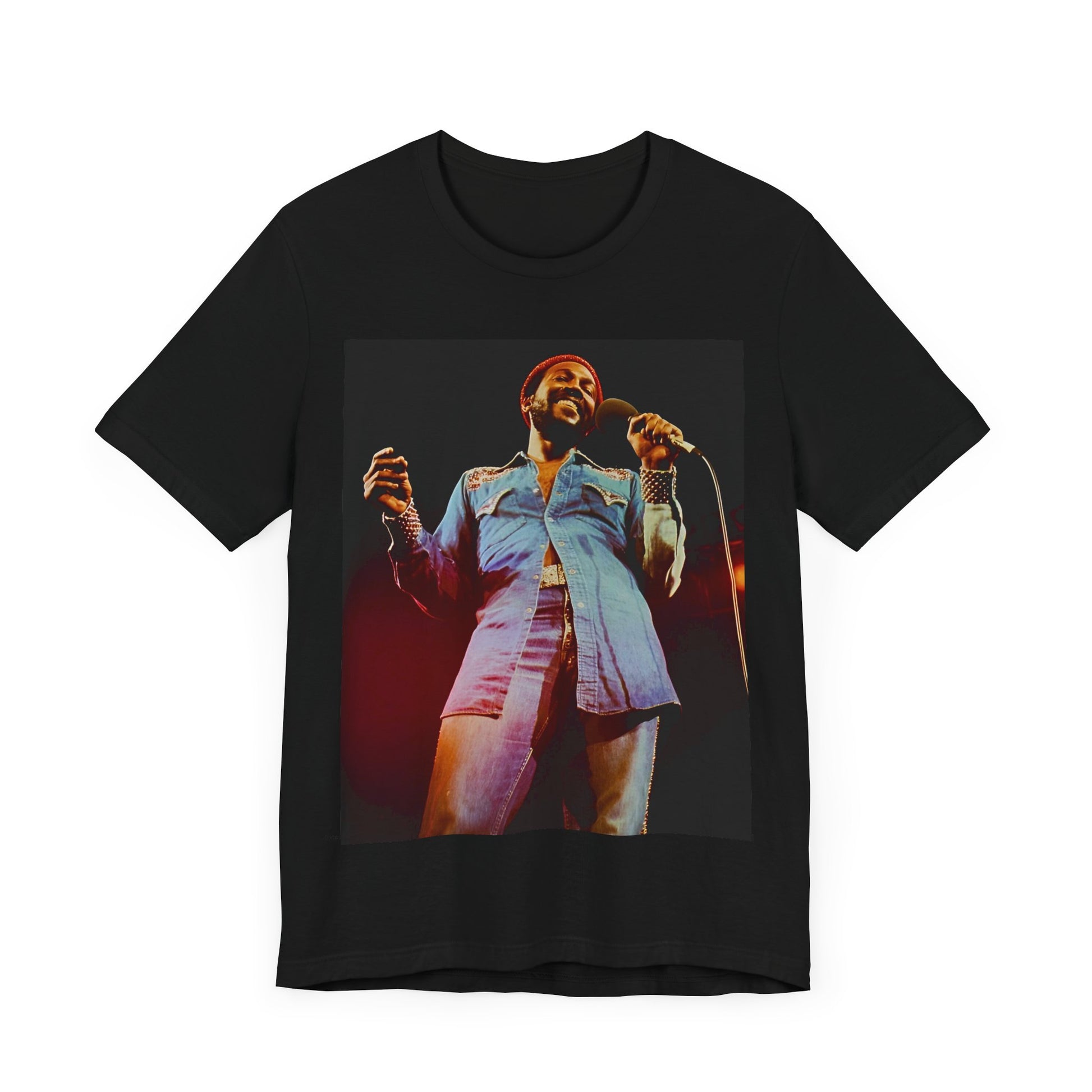 A black graphic t-shirt featuring a graphic of Marvin Gaye with groovy funk vibes.