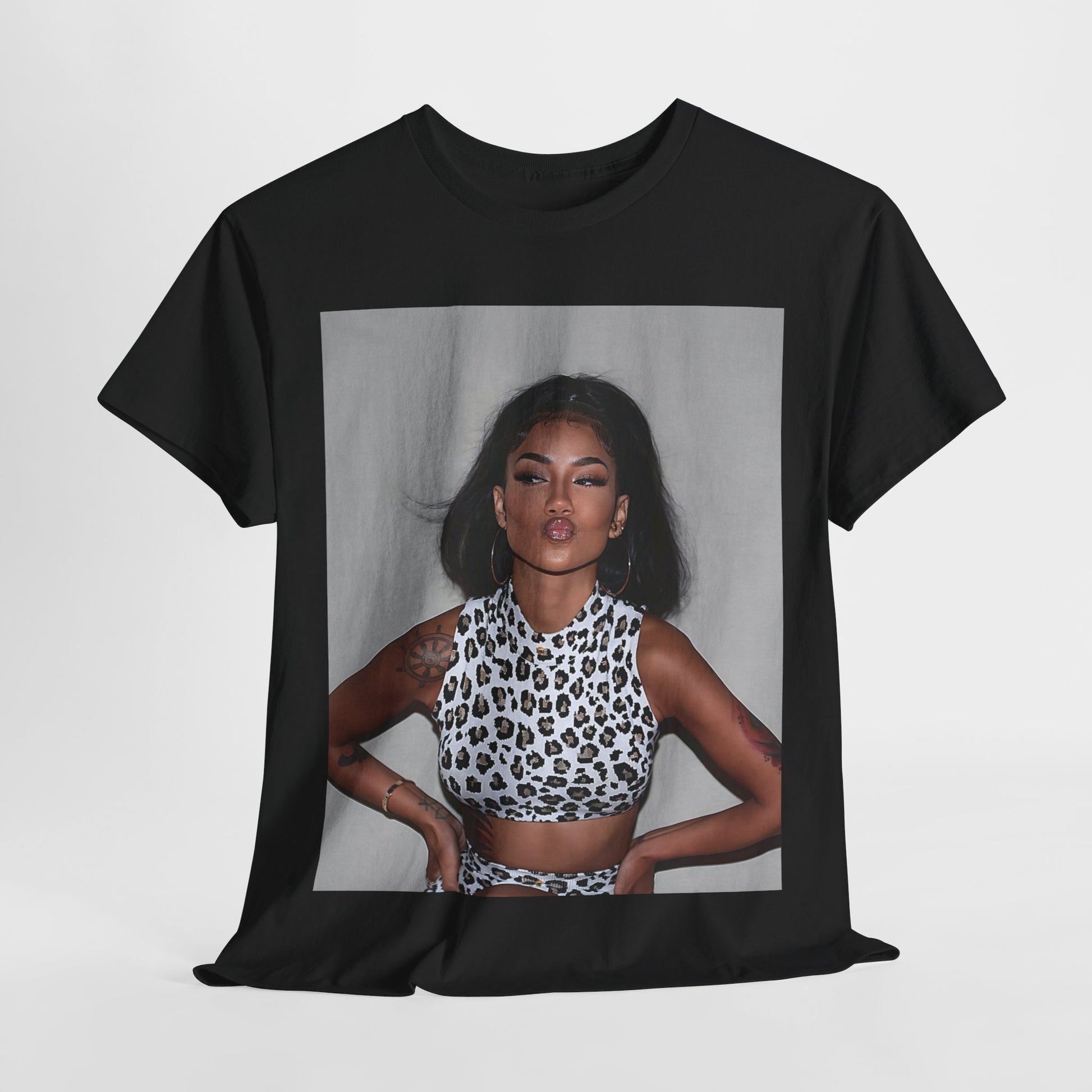 A black graphic t-shirt featuring a glamorous photo portrait of Jhene Aiko.