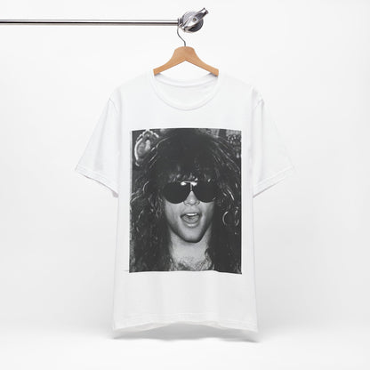 A black graphic t-shirt featuring a graphic or photo of Bon Jovi in a backstage setting.