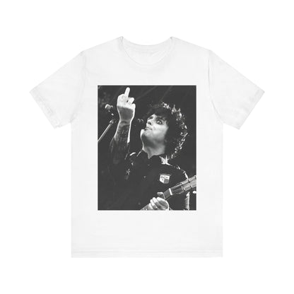 A black graphic t-shirt featuring a graphic of Billie Joe Armstrong from Green Day giving the middle finger during a concert.
