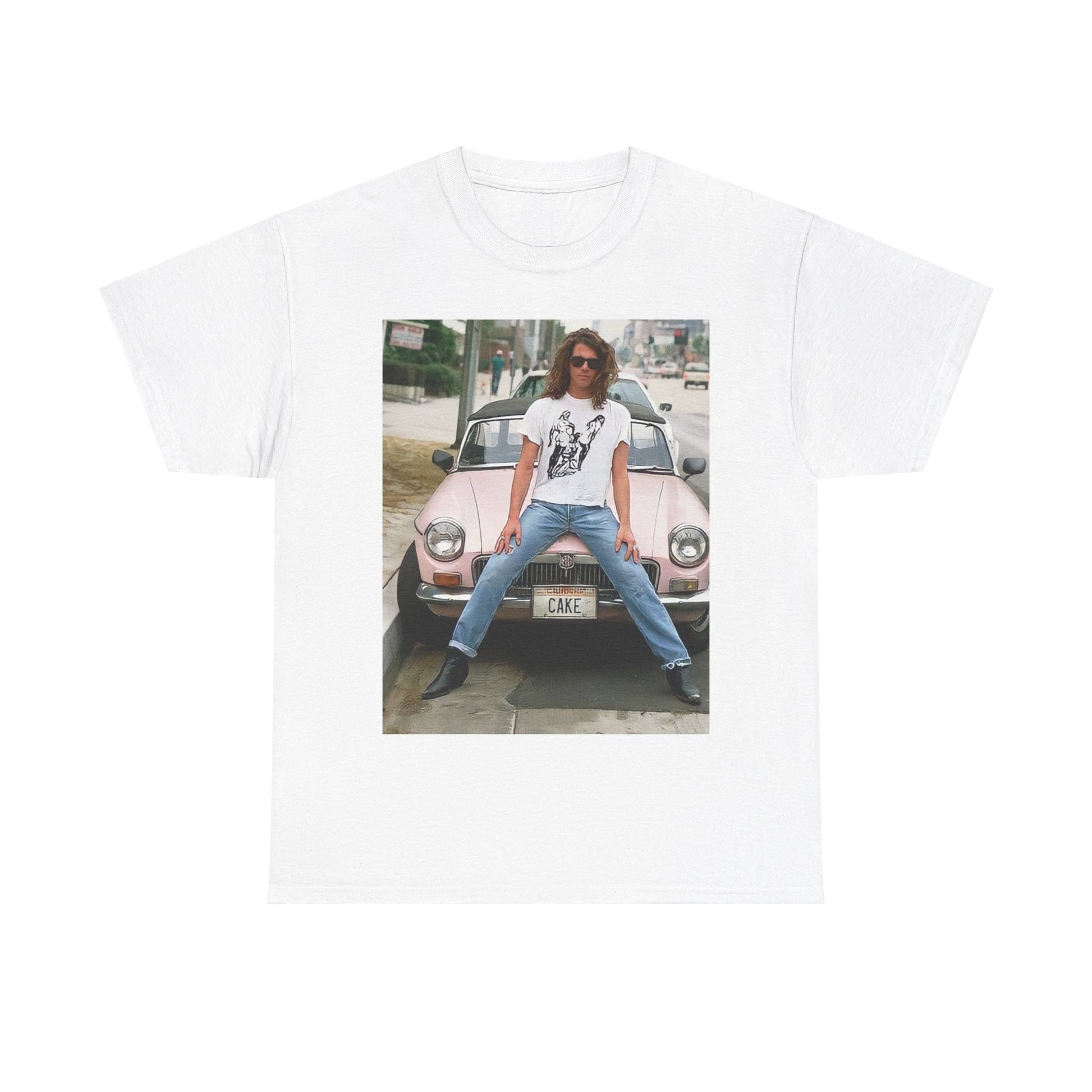 A black graphic t-shirt featuring a vintage photo of INXS band members with a classic car.