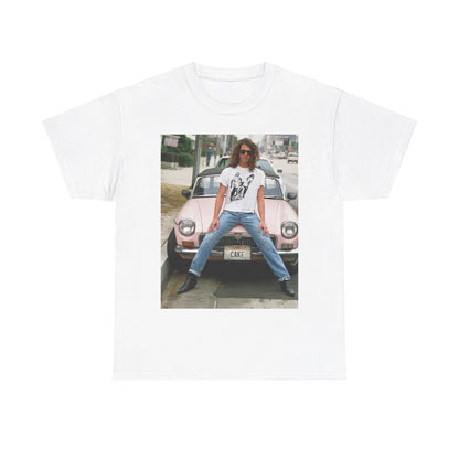 A black graphic t-shirt featuring a vintage photo of INXS band members with a classic car.