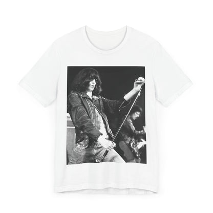 A black graphic t-shirt featuring a graphic of Joey Ramone from Ramones as the Godfather of Punk.