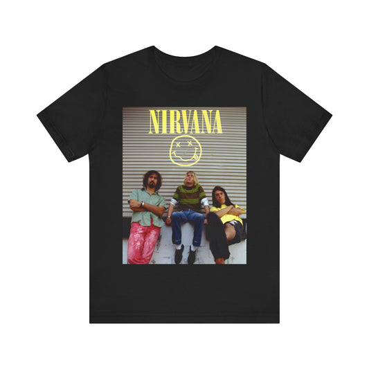 A black graphic t-shirt featuring an early days band photo of Nirvana.