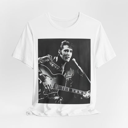 A black graphic t-shirt featuring a graphic related to Elvis Presley's 'Burning Love' song or era.