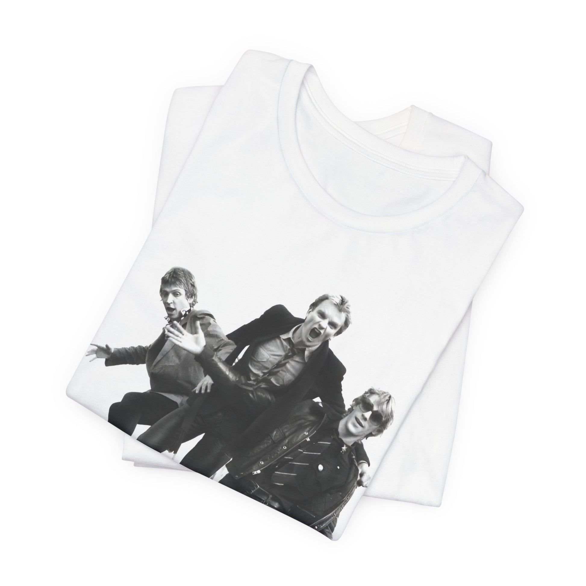 A black graphic t-shirt featuring an early days reggae rock graphic of The Police.
