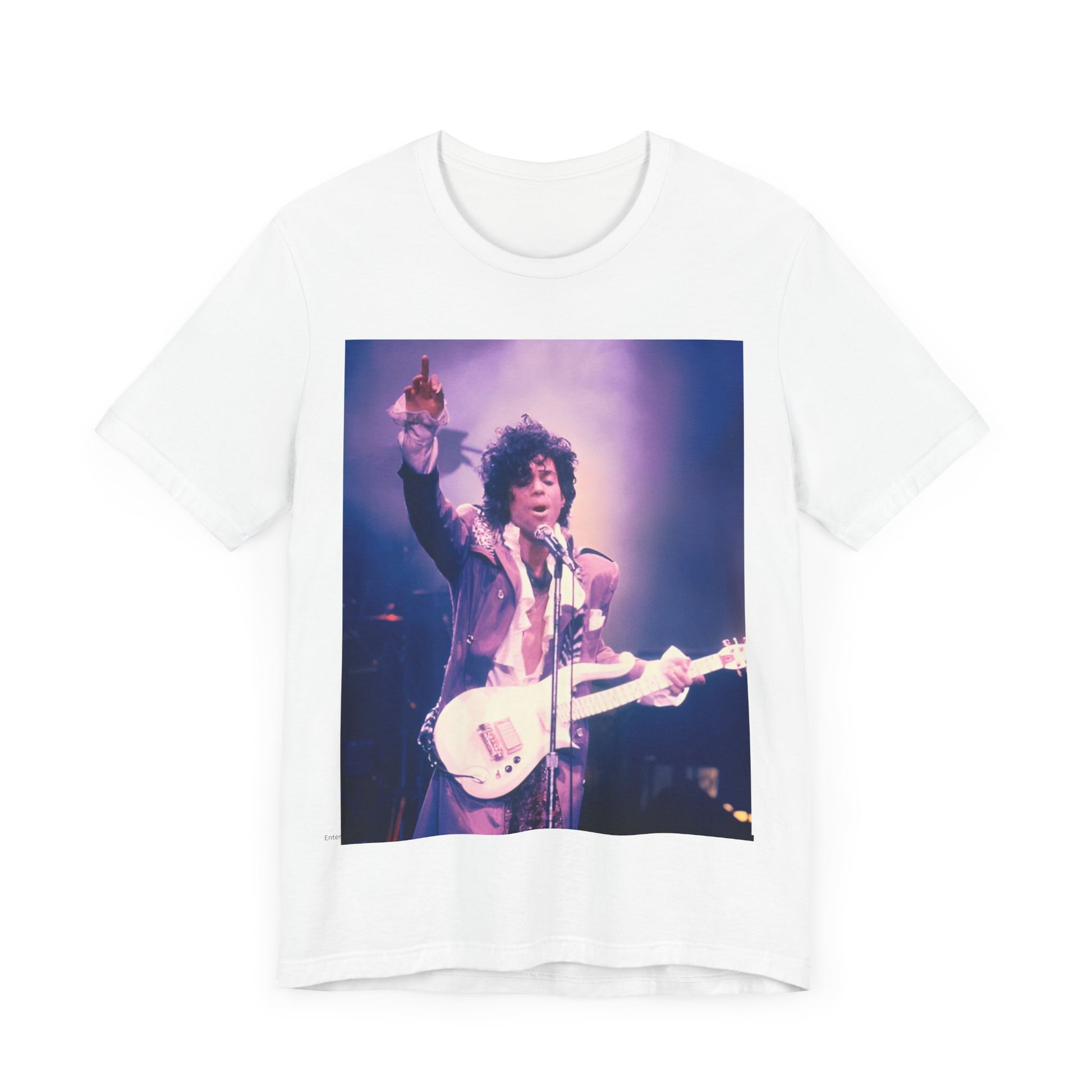 A black graphic t-shirt featuring a boxy graphic with a 'Purple Rain' vibe related to Prince.