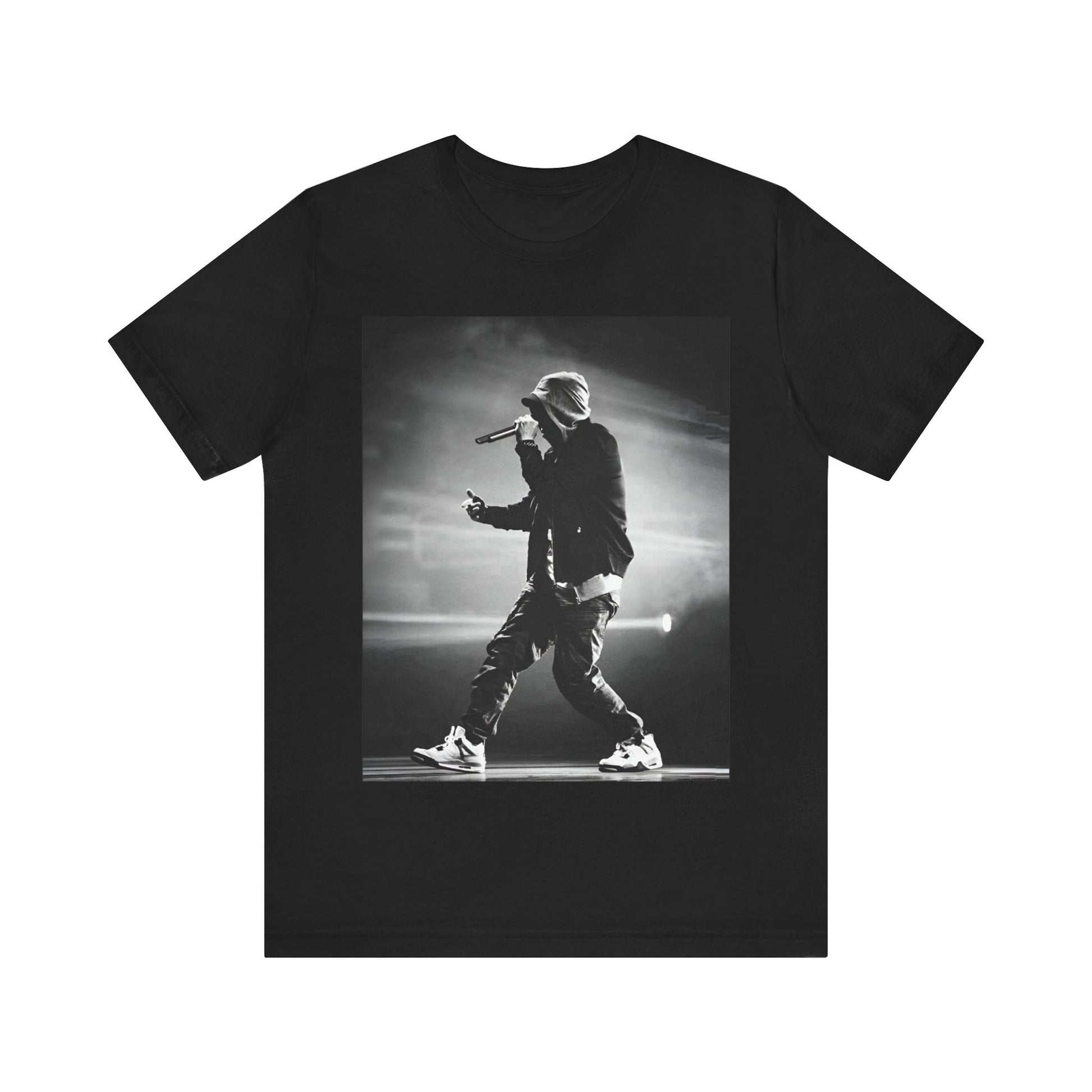 A black graphic t-shirt featuring a boxy hip hop aesthetic graphic of Eminem.