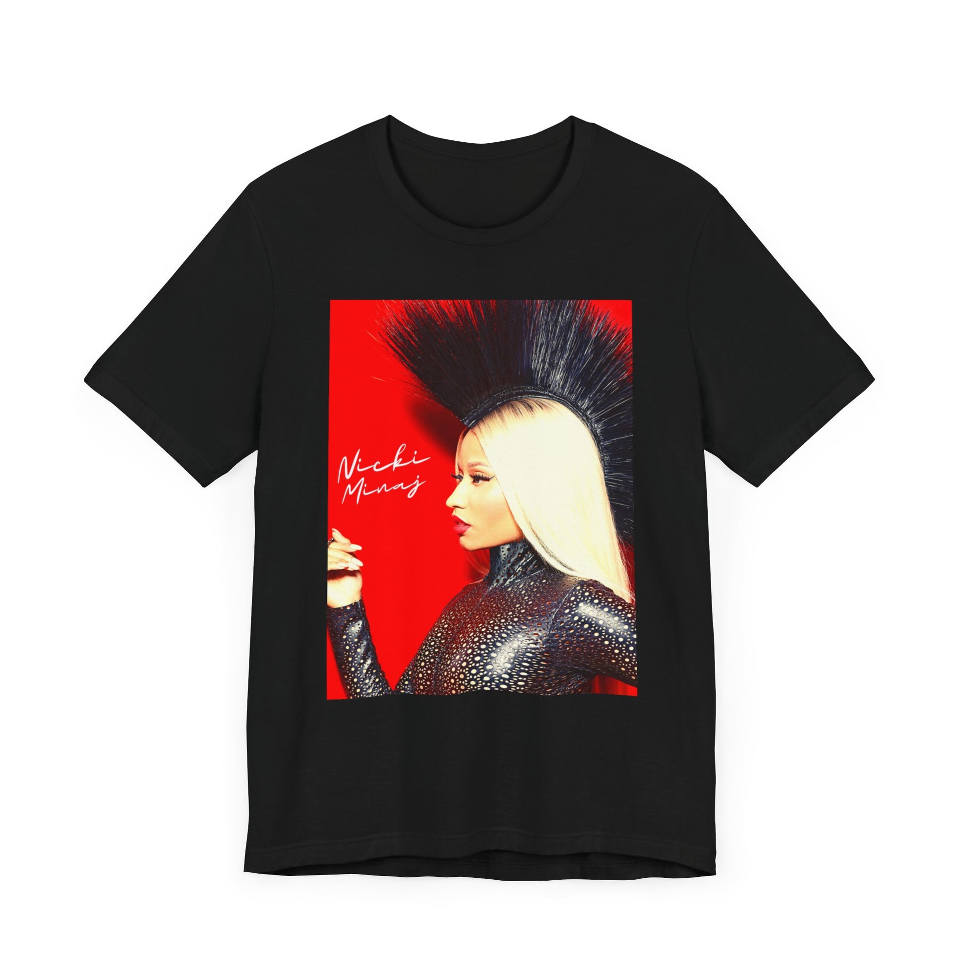 A black graphic t-shirt featuring a graphic of Nicki Minaj as a female rap pioneer.