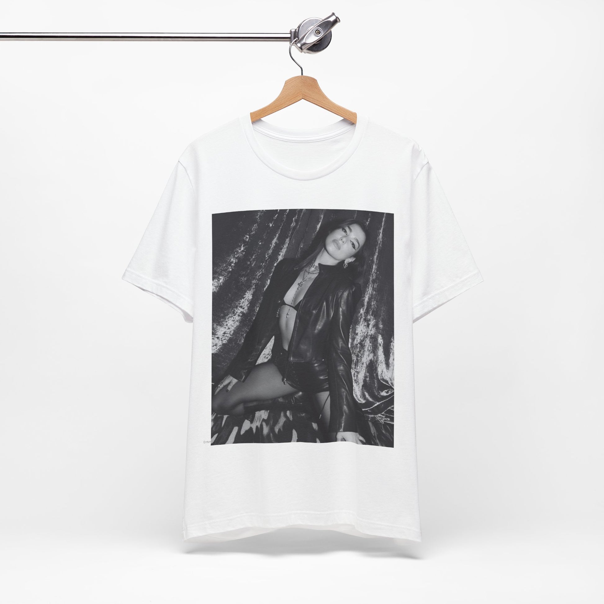 A black graphic t-shirt featuring a black and white portrait photo of Dua Lipa.