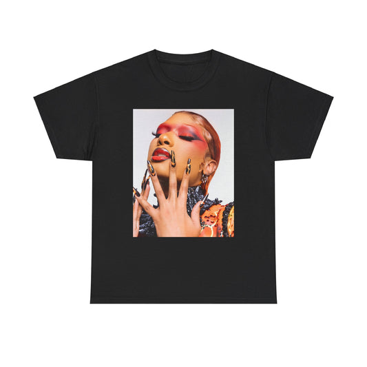 A black graphic t-shirt featuring a graphic related to Megan Thee Stallion's 'WAP' song or era.