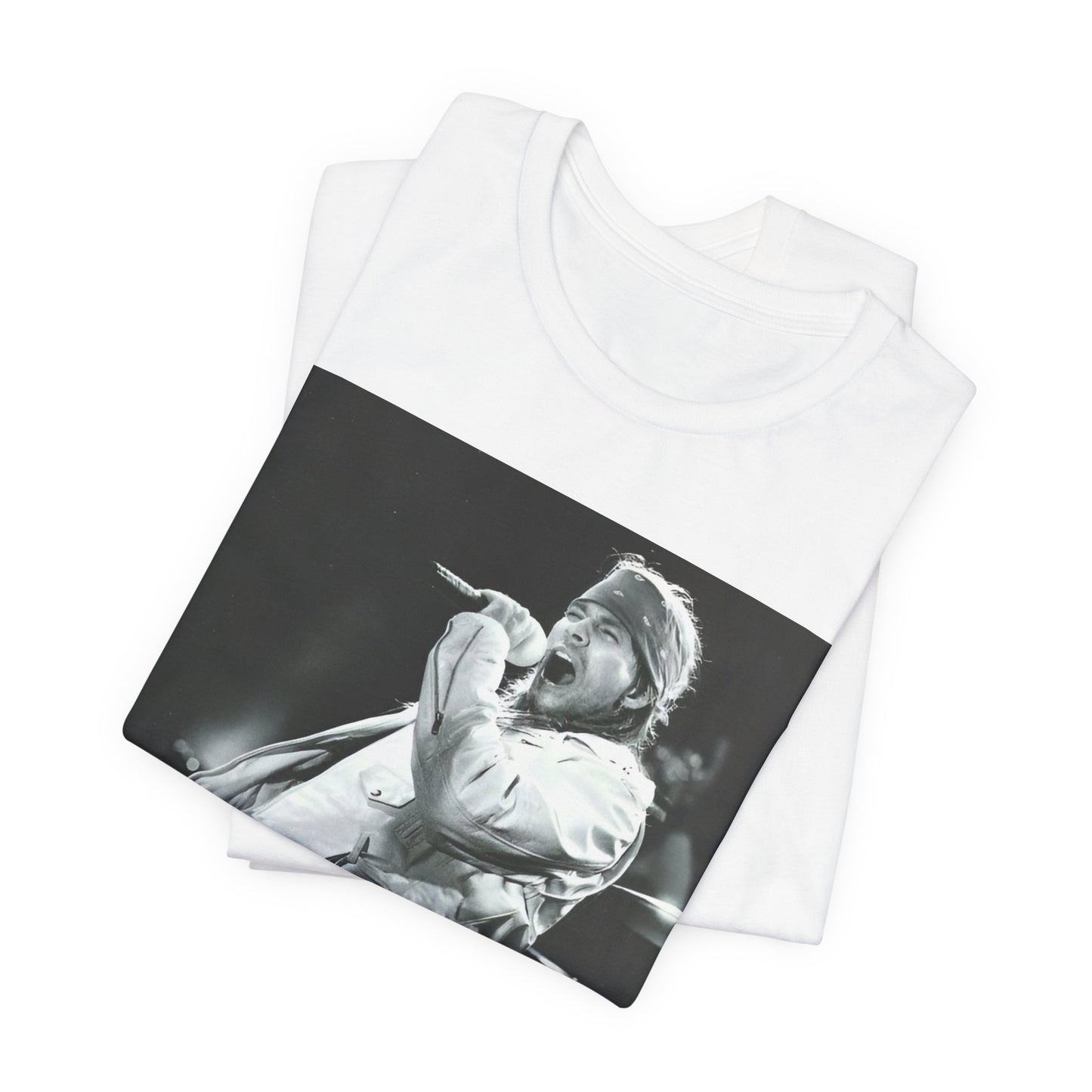A black graphic t-shirt featuring a black and white graphic or photo of Axl Rose from Guns N' Roses performing on stage in the 90s.