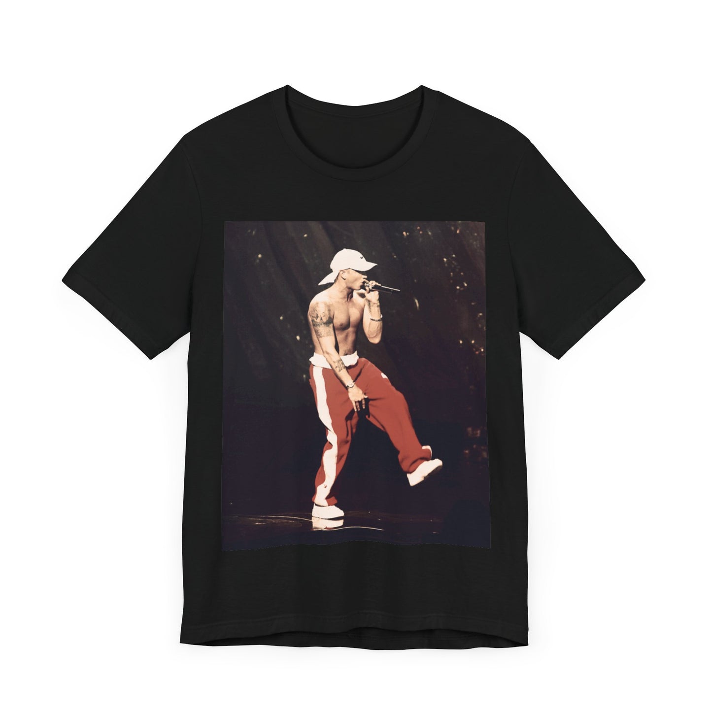 A black graphic t-shirt featuring a graphic inspired by Eminem's film '8 Mile'.