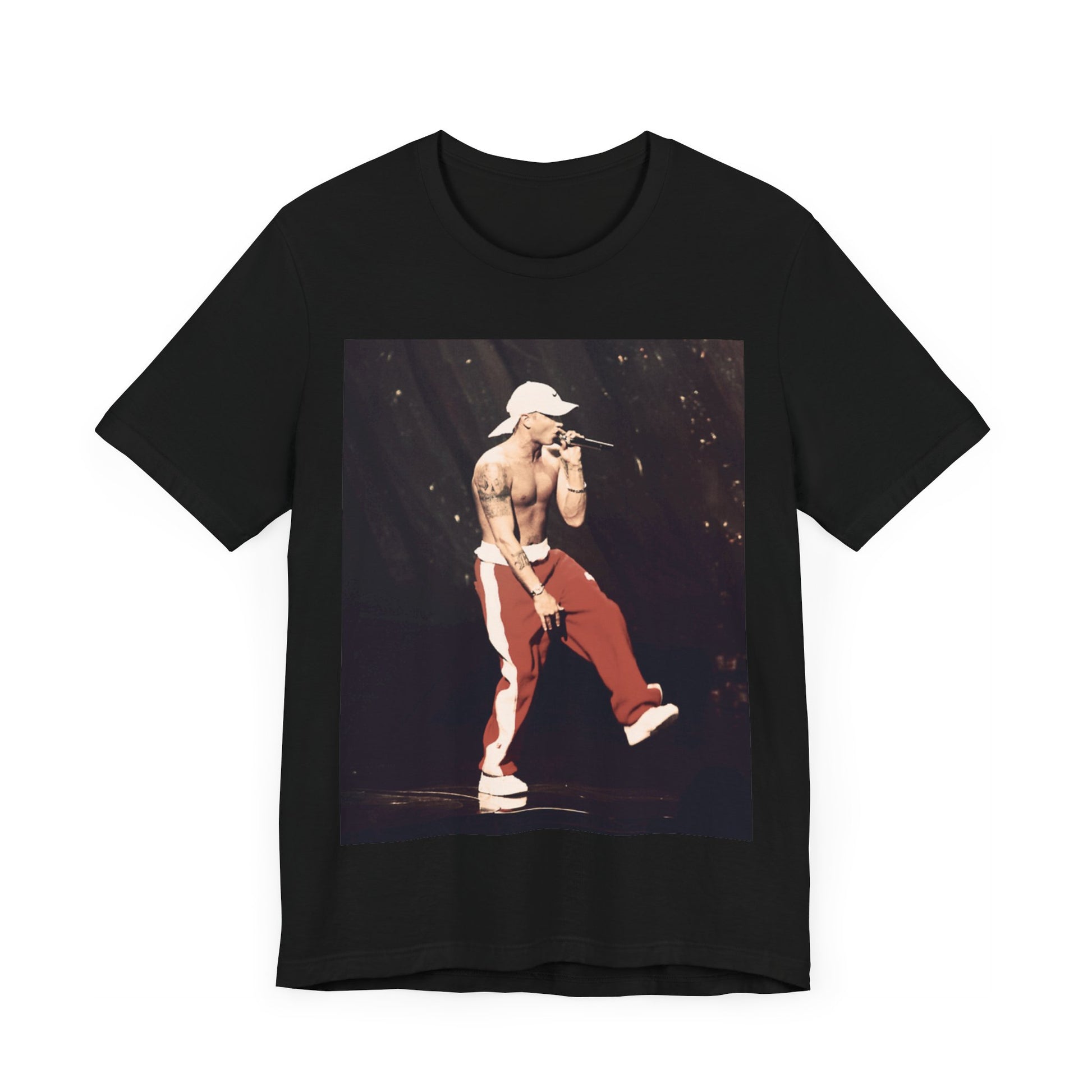 A black graphic t-shirt featuring a graphic inspired by Eminem's film '8 Mile'.